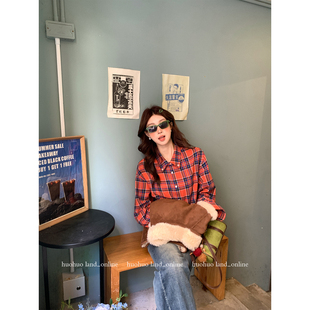 橘彩格序 新款 美式 女秋冬季 2025宽松休闲衬衣 复古格纹衬衫 HuoHuo