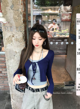 HuoHuo 美女感套组 时髦lady棉感系绳开衫挂脖吊带假两件修身T恤