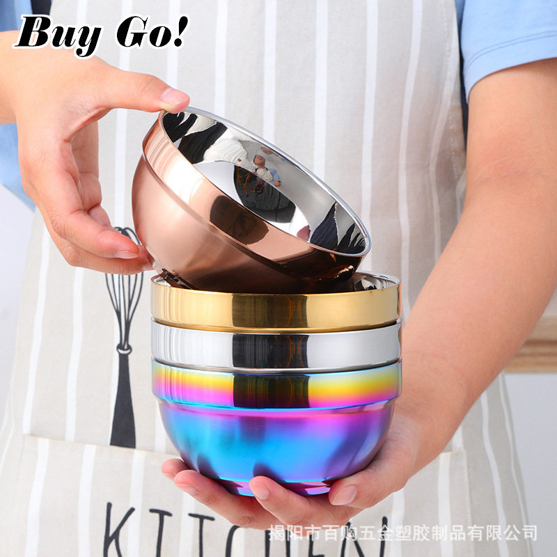 创意镀钛304不锈钢碗 双层汤饭单碗成人儿童家庭通用碗