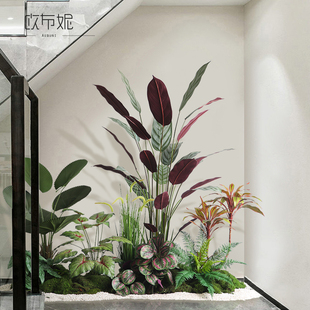 欧布妮仿真绿植造景室内景观楼梯下仿生阔叶植物装饰摆件套装组合
