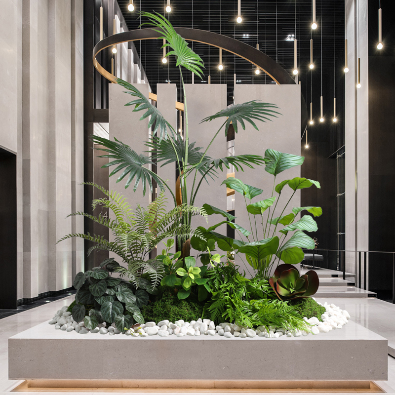 仿真綠植造景室內(nèi)景觀造景設(shè)計熱帶假植物盆栽公司門口樓梯下擺件
