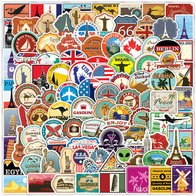 100 Pcs Travel Map Country Logo PVC Waterproof Stickers