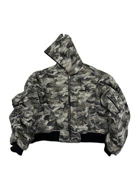 POPPROJECT迷彩棒球服bomber重磅水洗人工破坏连帽飞行员夹克棉服