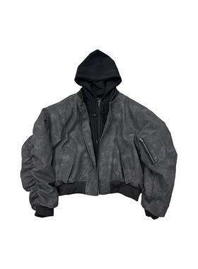 POPPROJECT皮衣bomber双层假两件连帽外套飞行员夹克皮质棉服ma1