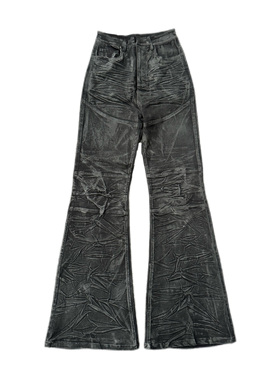 POPPROJECT手工刷蜡黑胶闪粉涂层修身微喇叭拖地弹力牛仔蜡裤胶裤