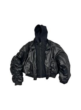 POPPROJECT皮衣bomber双层假两件连帽外套飞行员夹克皮质棉服ma1