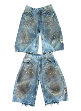 POPPROJECT土耳其进口牛仔拼接水洗做旧脏染破坏复古7分裤短裤