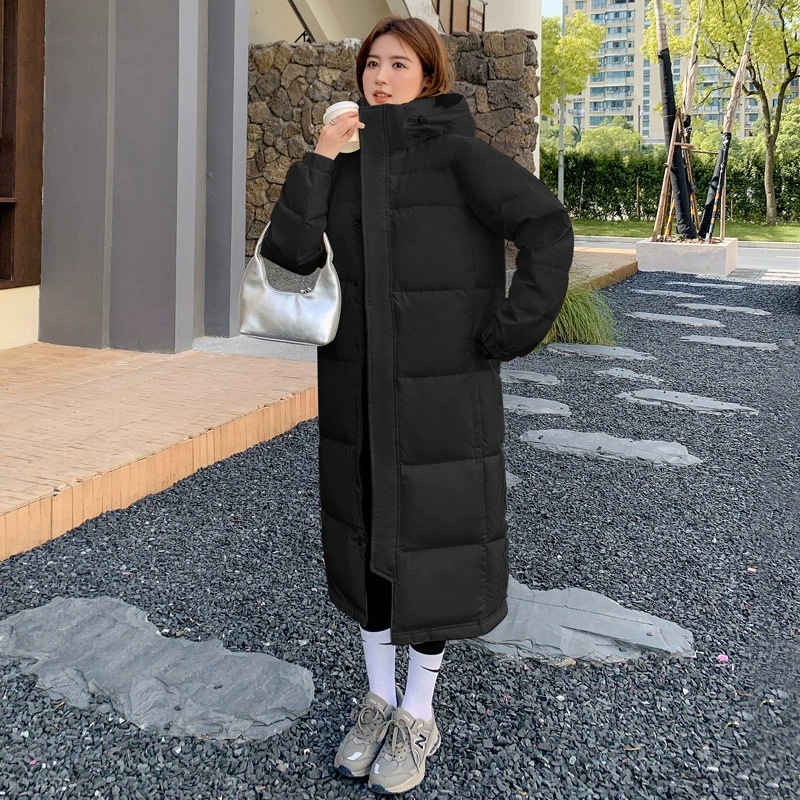 加长款羽绒服女2023韩版连帽过膝中戏学院风女同款冬季黑色外套