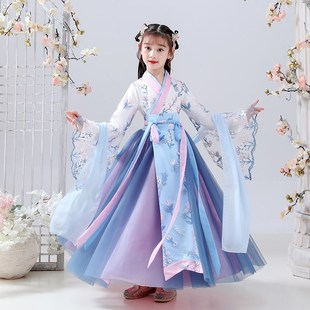 连衣裙蓝色超仙小女孩古装 女童汉服2022冬季 长袖 中国风儿童唐装 裙