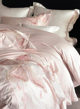 日本GP少女心超柔澳棉全棉四件套轻奢风蝴蝶刺绣纯棉被套床上用品