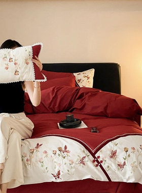 日本GP婚庆浪漫长绒棉四件套红花卉刺绣全棉被套结婚床上用品床笠