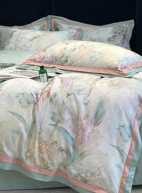 日本GP高端复古纯棉全棉四件套花卉数码轻奢磨毛床上用品床笠绿色