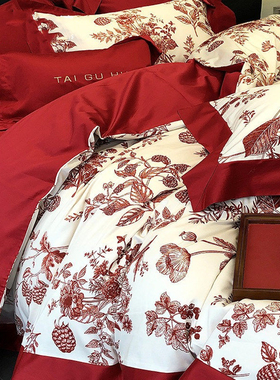 日本GP现代婚庆全棉四件套纯棉结婚花卉数码被套床上用品床笠红色