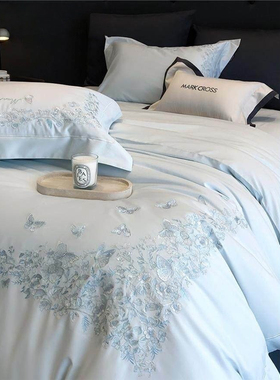 日本GP高级感新疆长绒棉四件套蝴蝶花卉刺绣轻奢全棉被套床上用品