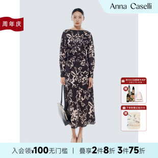 連衣裙女款 ANNA CASELLI 安娜凱瑟莉黑色印花休閑百搭優(yōu)雅款 夏