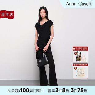 新款 ANNA 安娜凱瑟莉2025年夏季 蕩領(lǐng)收腰百搭短袖 CASELLI 上衣女