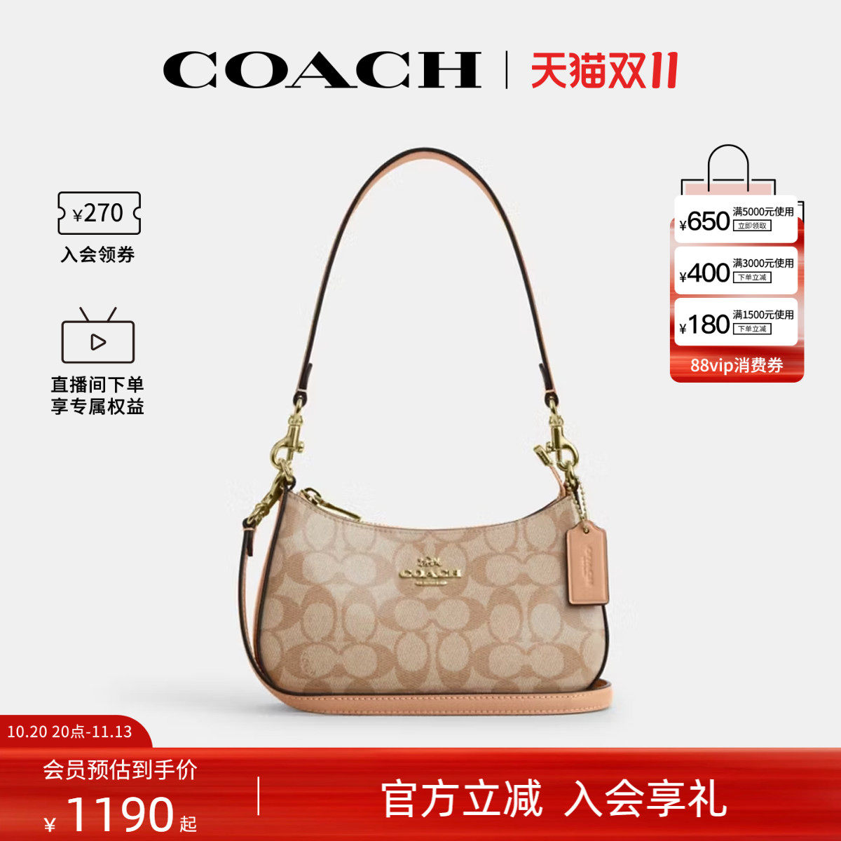 COACH/蔻驰官方奥莱款Teri 19女士老花单肩斜挎手提包腋下包CAJ93