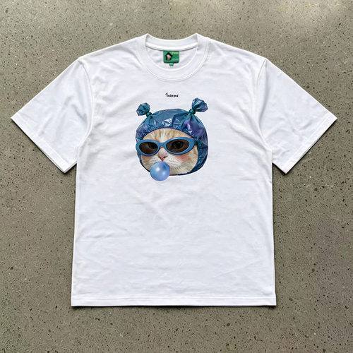 FNI绿标（俏皮泡泡猫）美式圆领短袖t恤重磅纯棉男女春夏季新款直