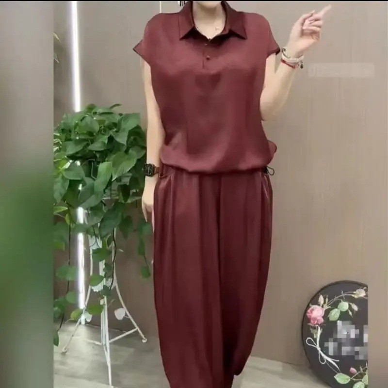 2025减龄时尚套装女夏季新款洋气休闲纯色显瘦两件套宽松妈妈装a6