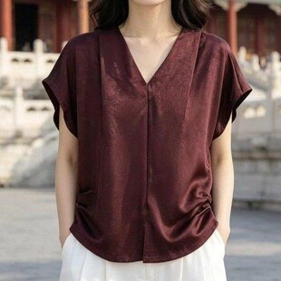 夏季新款V字领半袖内搭减龄提花打底衫女式套头上衣针织a2