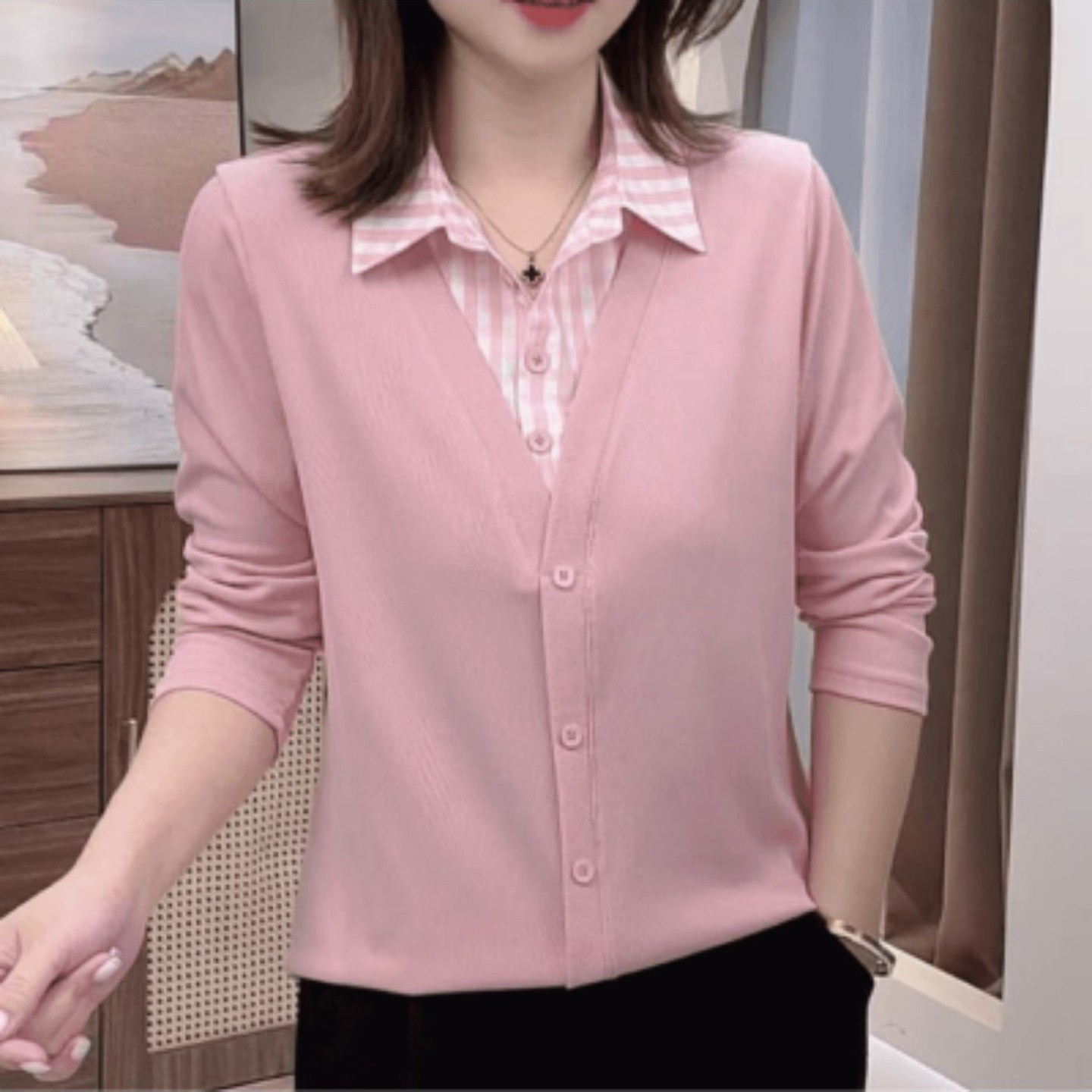 予婷酥女装假两件拼接格子衬衫2026秋季女士翻领衬衣百搭减龄上a5