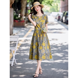 爆款 棉麻連衣裙女夏2025新款 高級(jí)感收腰顯瘦減齡氣質(zhì)碎花漂亮a61