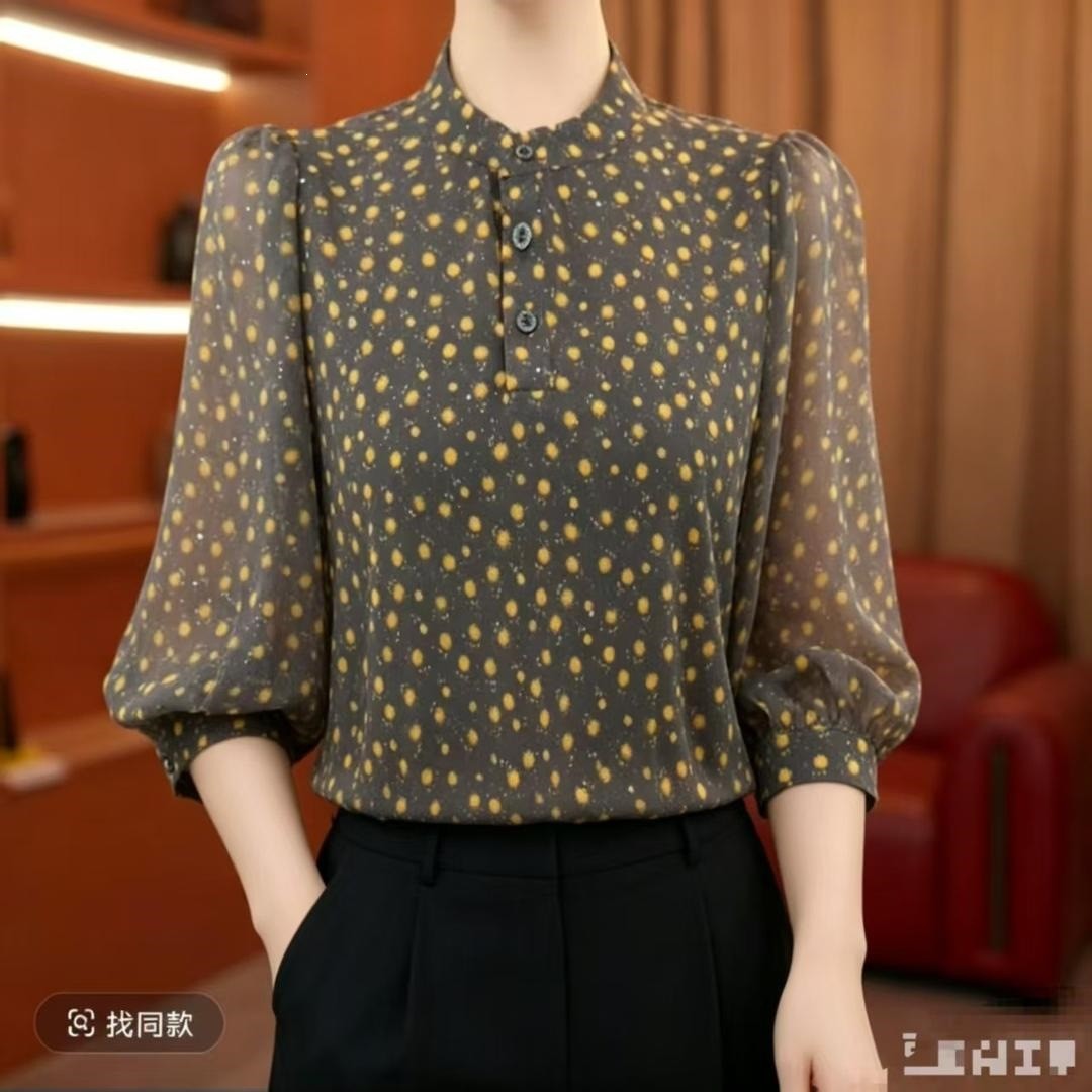 妈妈清凉七分袖小衫短袖圆领灰卡小格印花大码显瘦中老年女装新a5