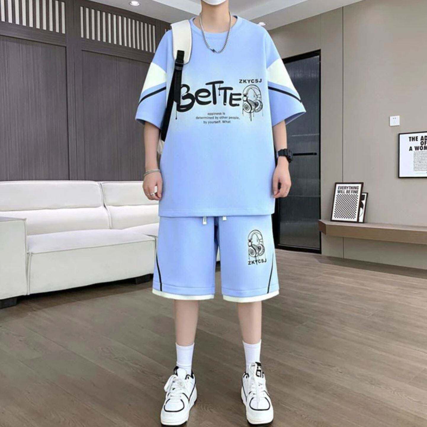 *点击率夏季精品男装店青少年运动套装2026新款宽松大码透气两a4