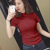 显瘦打底衫 t恤女修身 内搭印花小领上衣服 纯棉正肩半高领短袖 夏季