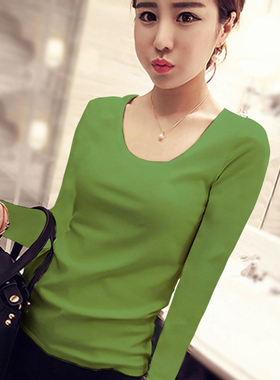 春天绿色纯棉内搭修身圆领打底衫女春秋季长袖t恤小个子紧身上衣