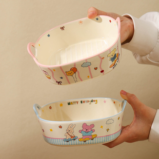 鹿谷川釉下彩双耳碗家用大容量烤碗沙拉碗高颜值汤面碗水果碗饭碗