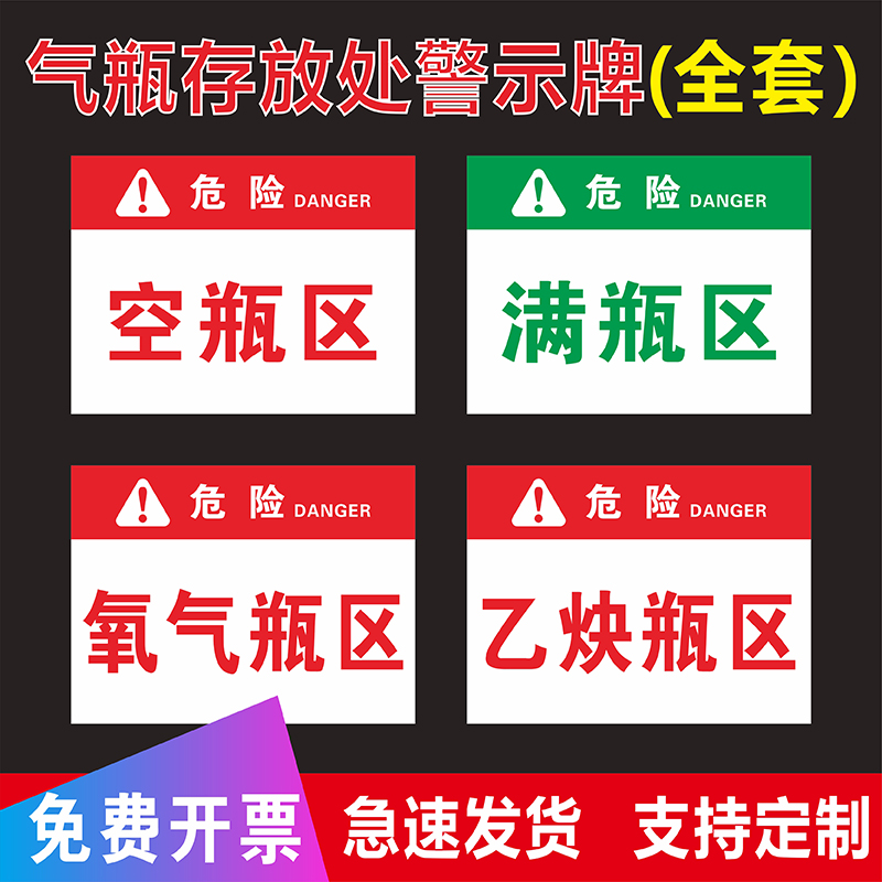 气瓶存放处安全标识警示牌空瓶区满瓶区氧气瓶区乙炔瓶区氮气瓶区二氧化碳瓶区当心气瓶必须固定提示牌标志牌