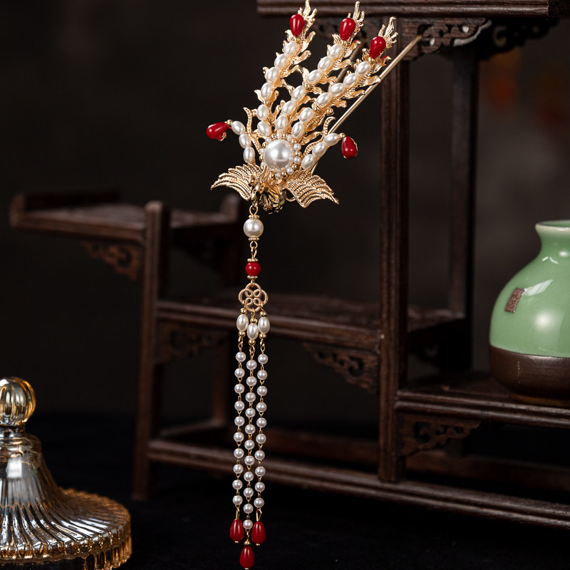 原创金丝凤古风汉服发钗唐风明制流苏烧蓝金红偏凤发簪凤凰步摇