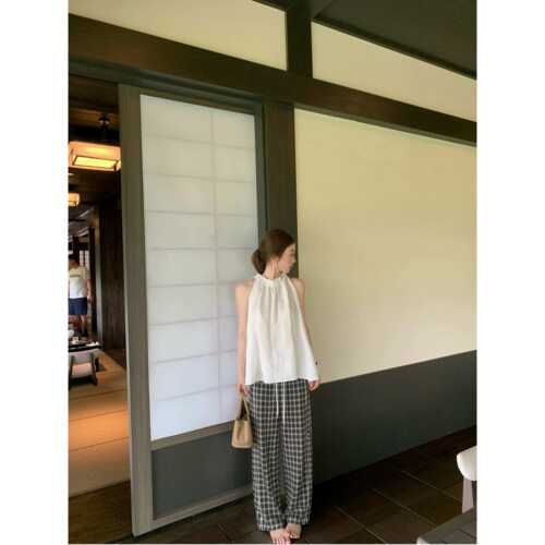 黑白格烫钻直筒休闲女裤
