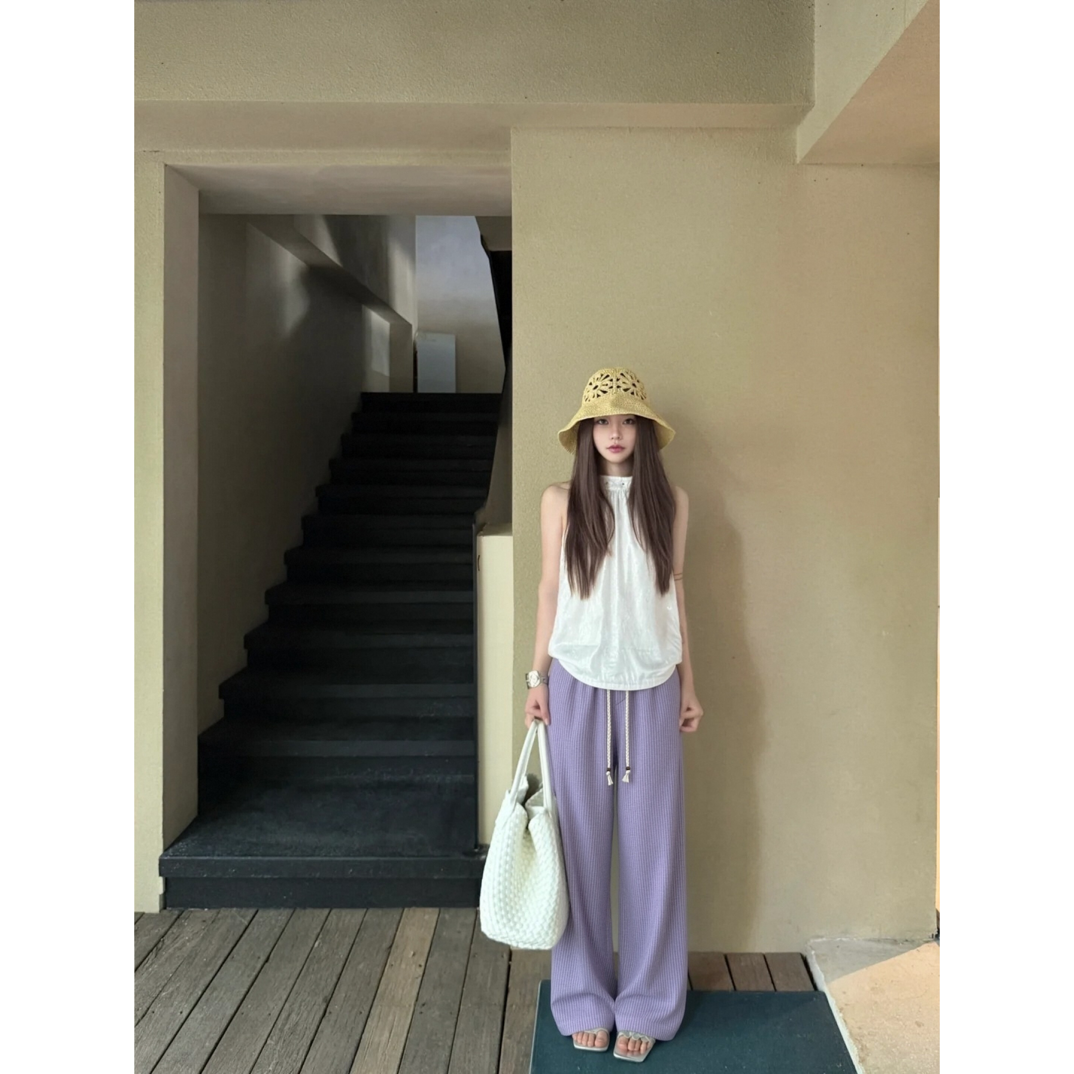 【海风如约】早秋新款100%亚麻条纹休闲裤宽松小个子减龄直筒裤女