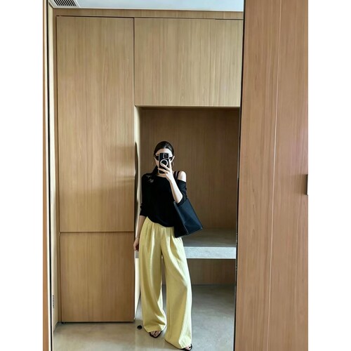 100%亚麻细条纹直筒休闲女裤