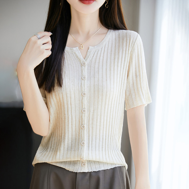 夏季剪刀V领天丝苎麻短袖开襟外套T恤女纯色坑条薄款针织半袖上衣