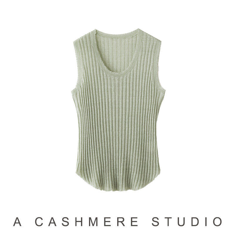 【亚麻+羊毛】简约坑条圆领无袖针织开衫女修身显瘦薄款毛衣背心