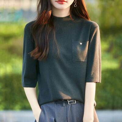 夏季短袖半高领针织衫女套头