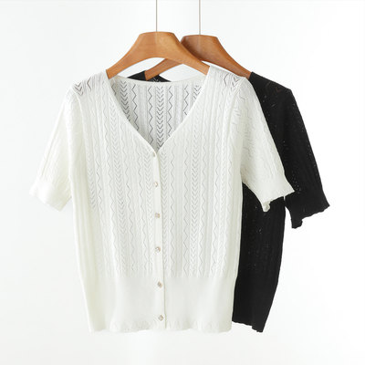 夏季V领短袖镂空针织开衫女T恤