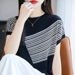 2026新款撞色圆领冰丝针织短袖女宽松显瘦洋气休闲百搭上衣T恤衫