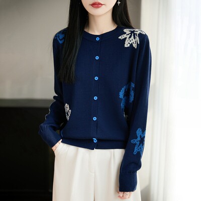 圆领拼色提花精纺羊毛开衫26春季新款宽松洋气百搭上衣外套女大气