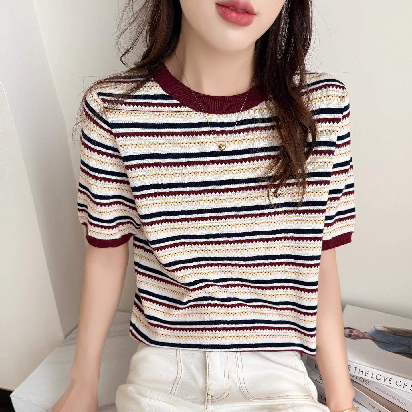 条纹拼色嵌花100%纯棉针织衫圆领短袖套头女T恤夏季薄款百搭背心