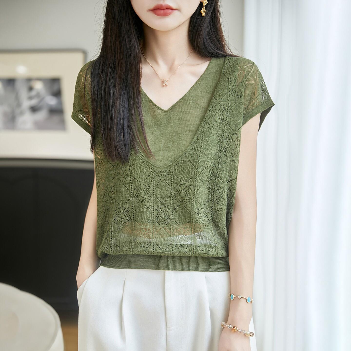 假两件竹节麻针织短袖T恤衫女夏季新款V领镂空设计感套头打底上衣
