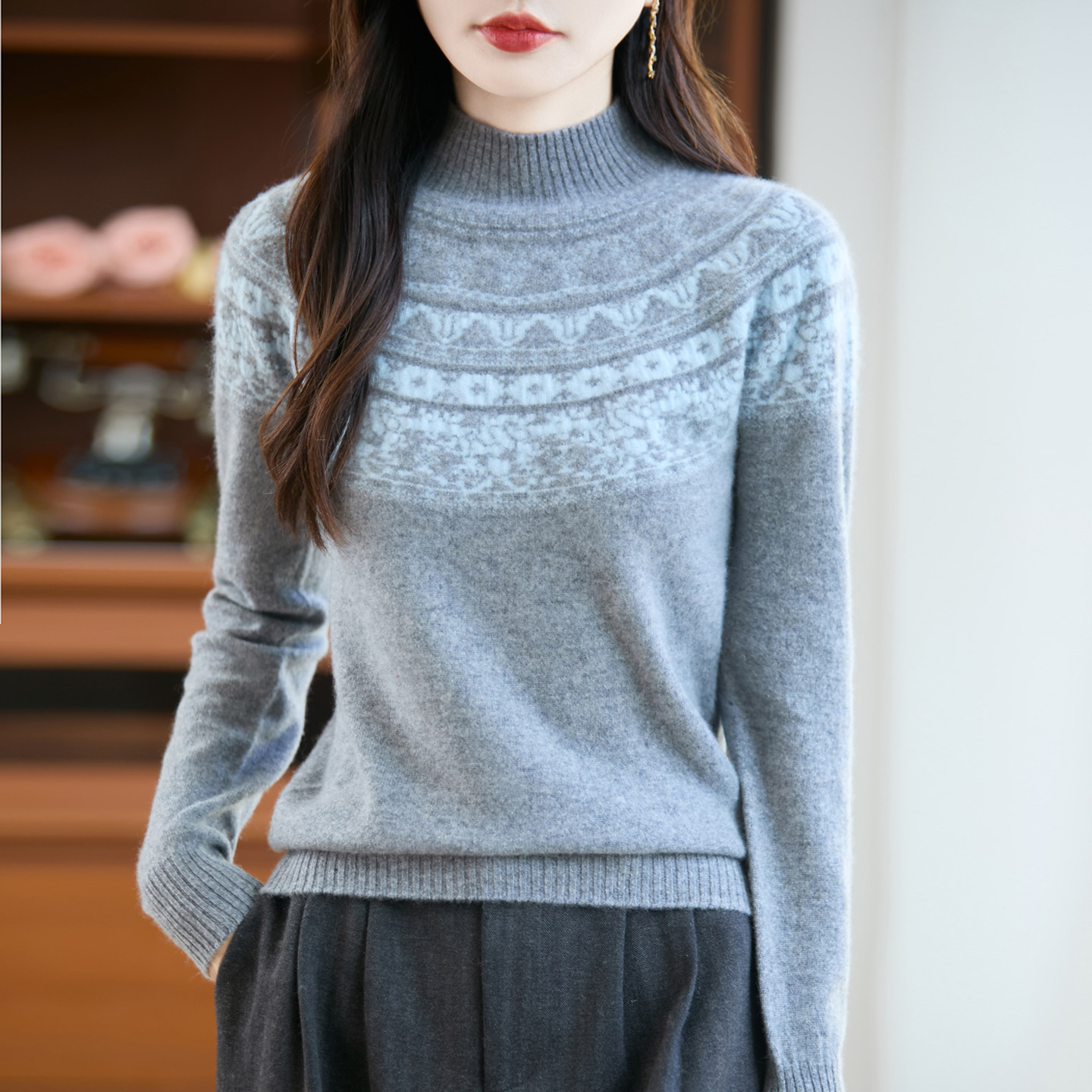 重工提花新年红色毛衣女100%纯羊毛打底衫秋冬2026新款半高领宽松