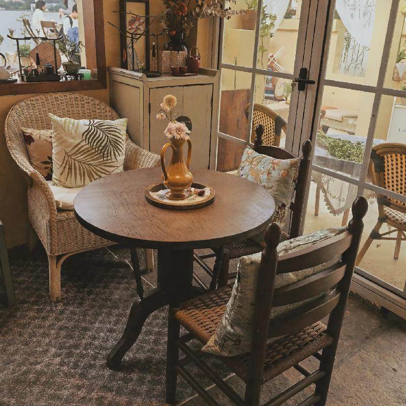 实木圆桌做旧复古圆形饭桌阳台庭院餐桌椅木质法式茶桌折叠咖啡桌