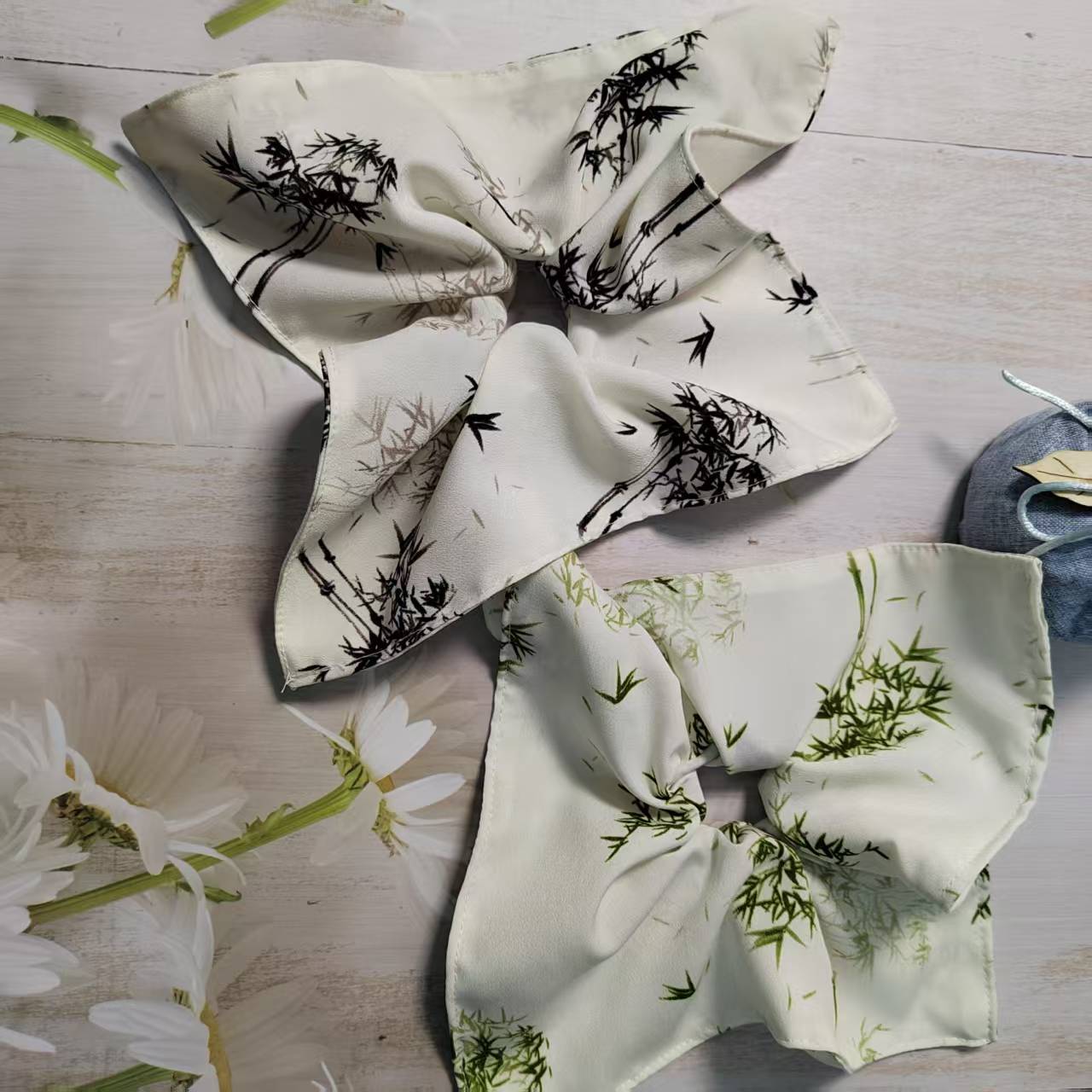 新款国风竹叶书法汉字布艺风车方形发圈 新中式头饰蝴蝶结发饰女