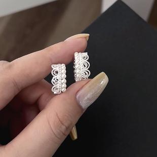 优雅蕾丝珍珠耳圈耳扣女轻奢小众高级感耳环精致气质耳针耳饰 法式