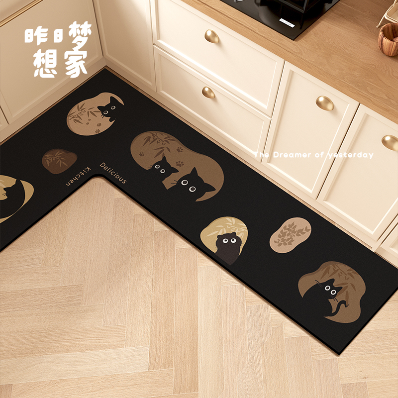 黑色猫猫卡通厨房地垫L形吸水耐脏防滑脚垫家用厨房拐角吸油防污