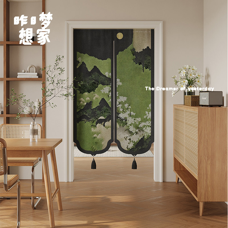 新中式门帘山水画遮挡帘家用卧室免打孔隔断帘厨房防油烟带穗半帘,居家布艺,门帘,淘宝优惠券,粉丝福利购,淘宝优惠卷